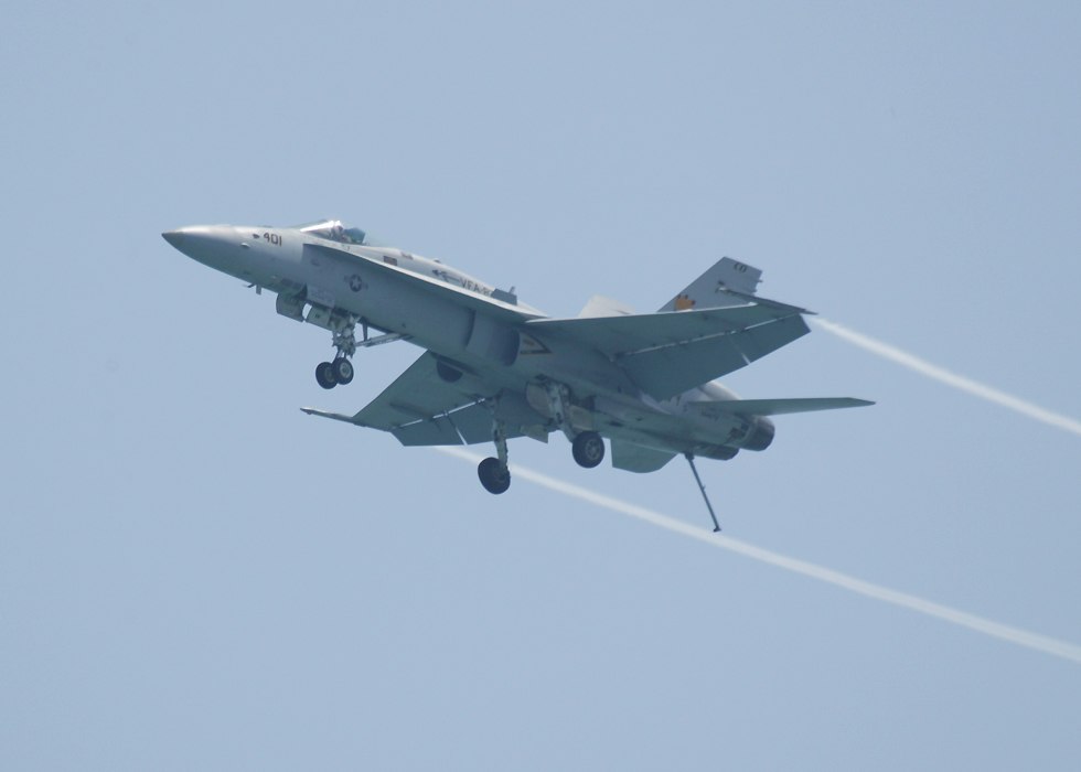 F18 Hornet flypast with landing gear and tailhook extended