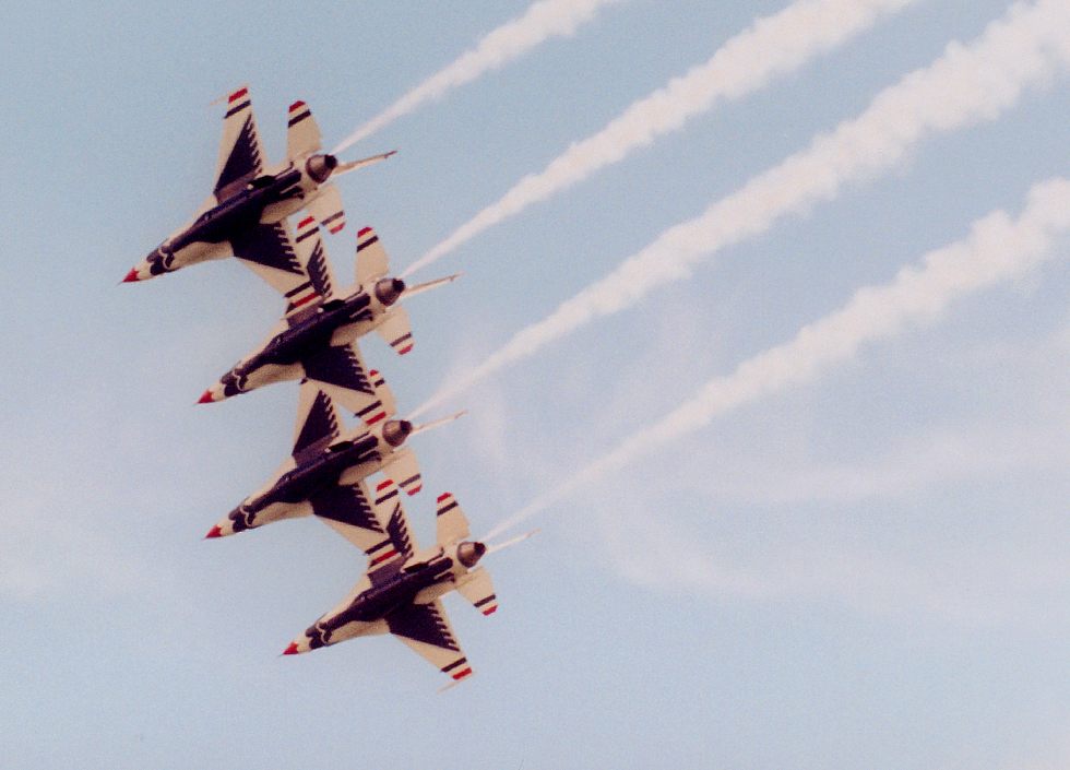 photo #62:  four Thunderbirds banking in tight line abreast formation