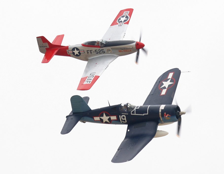 P-51 Mustang and F4U Corsair flying in formation