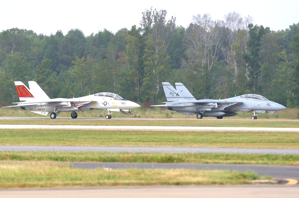 regular F-14 and retro paint scheme F-14 on takeoff roll