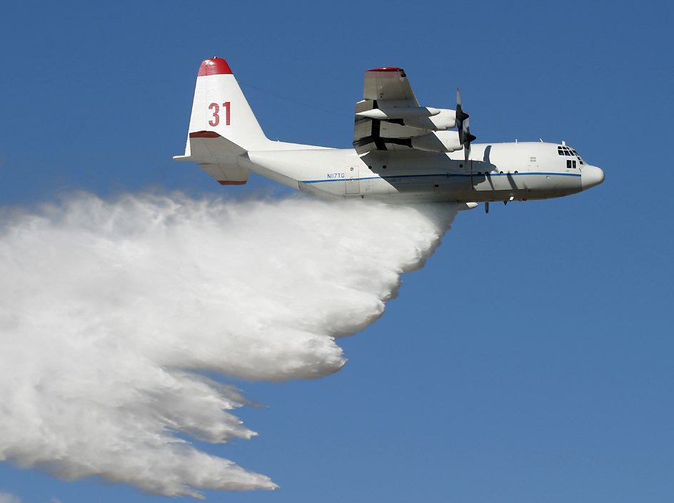 C-130 firefighter dropping water  (click here to open a new window with this photo in computer wallpaper format)