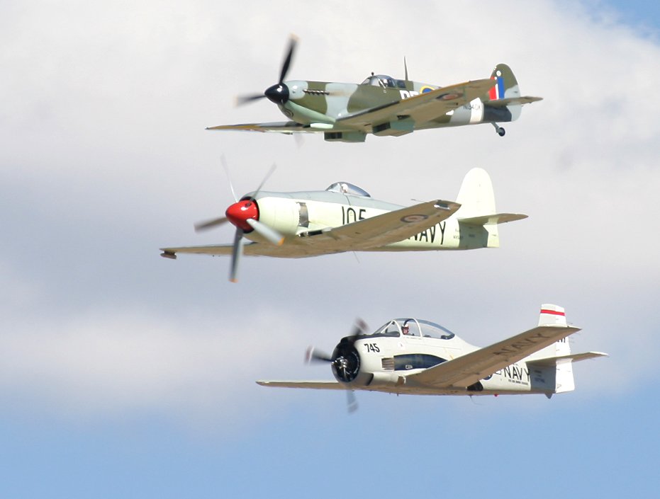 Spitfire, Sea Fury and T-28 Trojan in formation