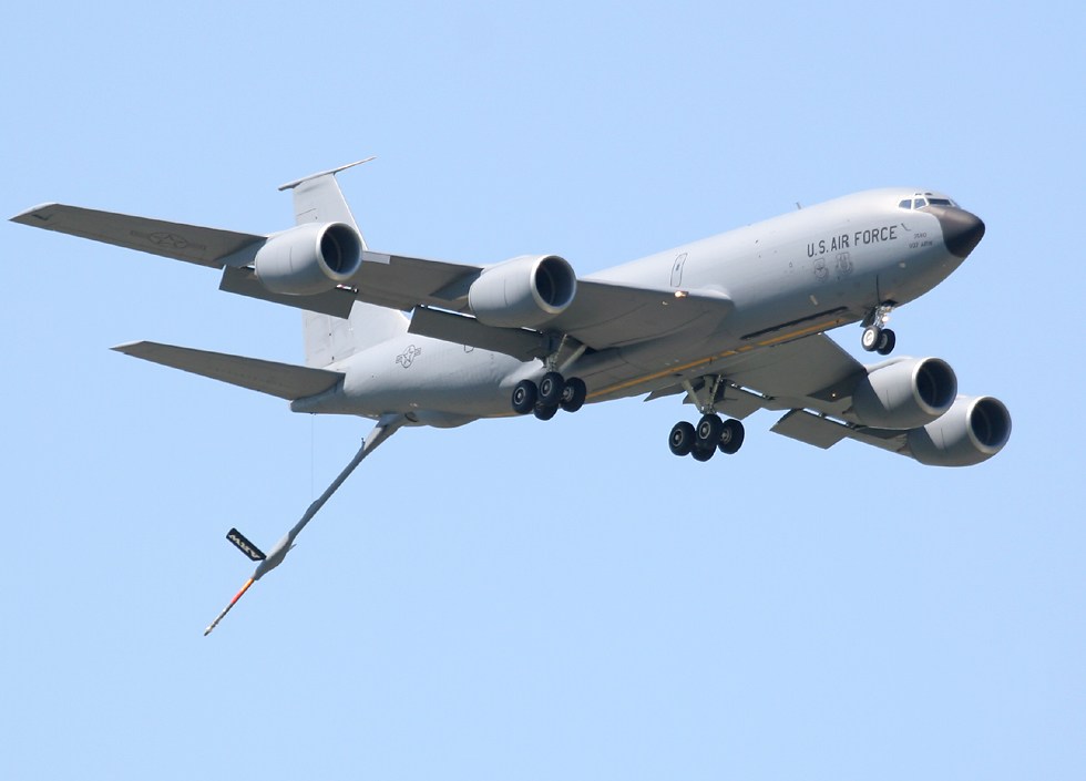 KC-135 Stratotanker with landing gear and refuelling boom extended