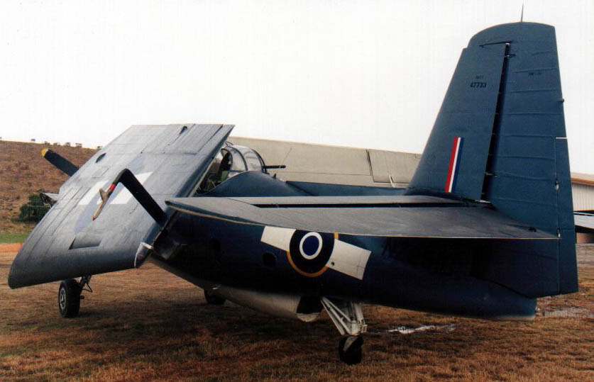 Grumman Avenger side-rear view with wings folded.